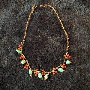 Coral, rhinestone and turquoise choker